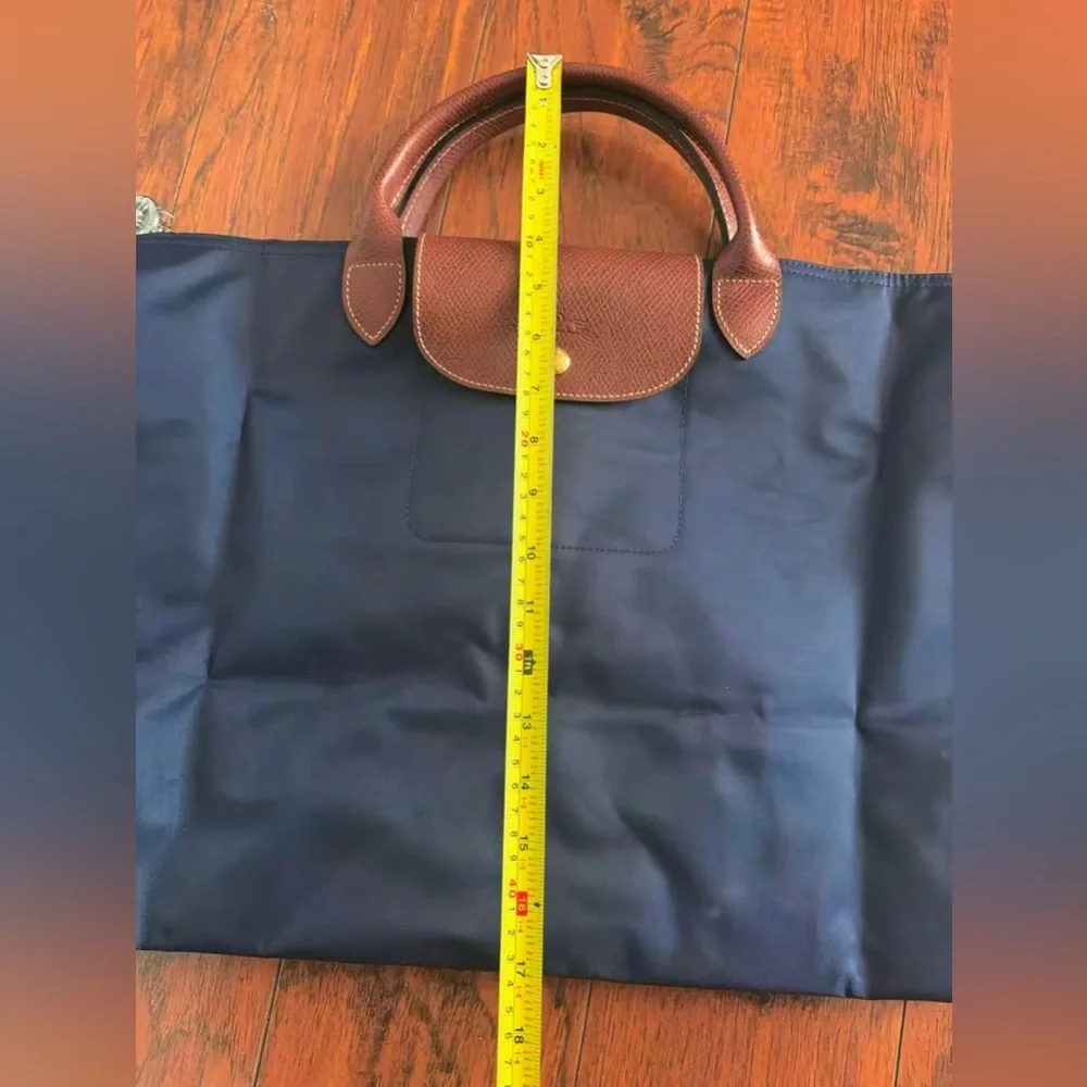 Longchamp Tote Bag extra Large navy Nylon Tote Bag with Brown Leather Handles - Picture 4 of 14